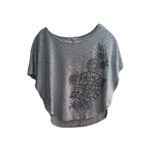 Aeropostale Women Small Butterfly Sleeve Shirt Gray Flower Embroidery Cropped - Picture 1 of 4